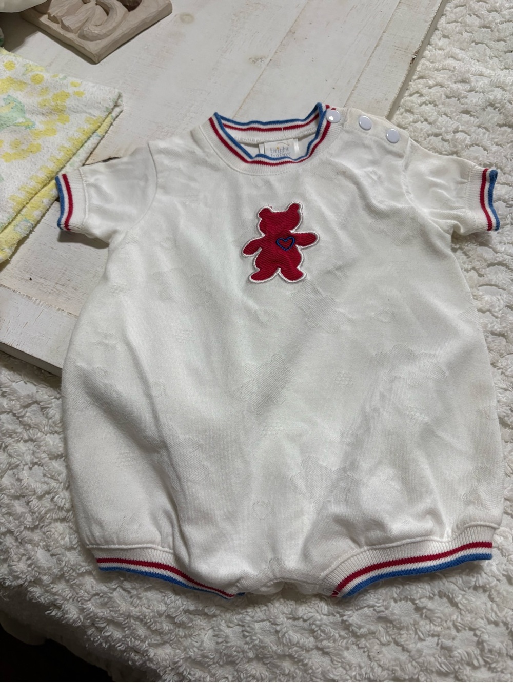 Vintage White Baby One-Piece Romper with Red Bear Applique